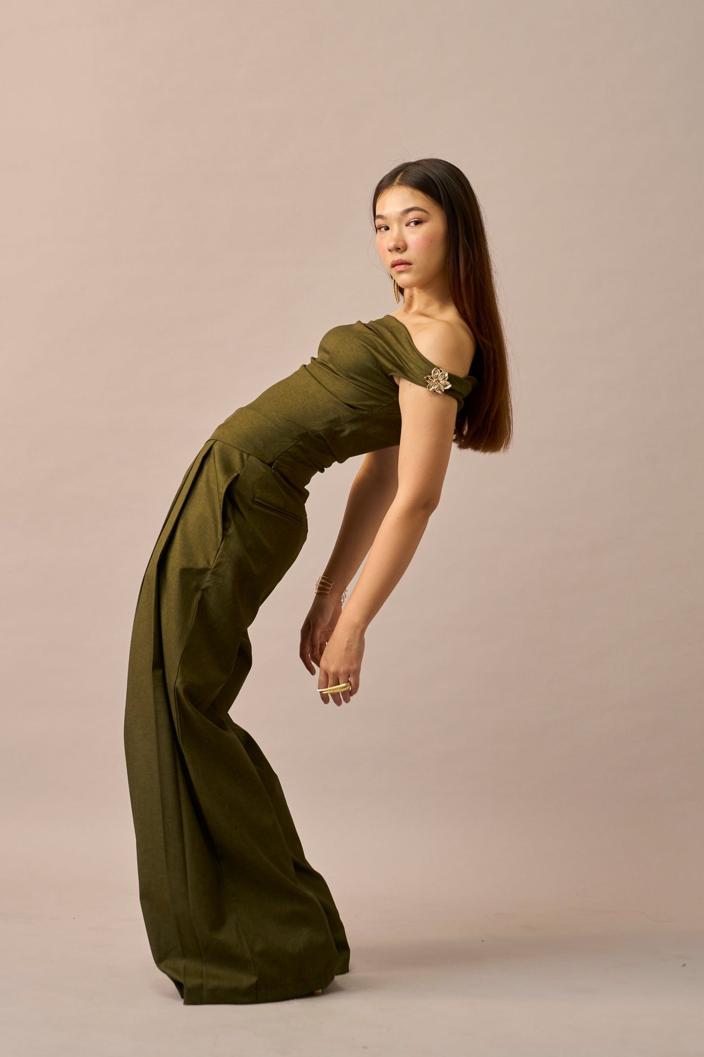 Moss Melt – Olive Wide Leg Trousers for Women