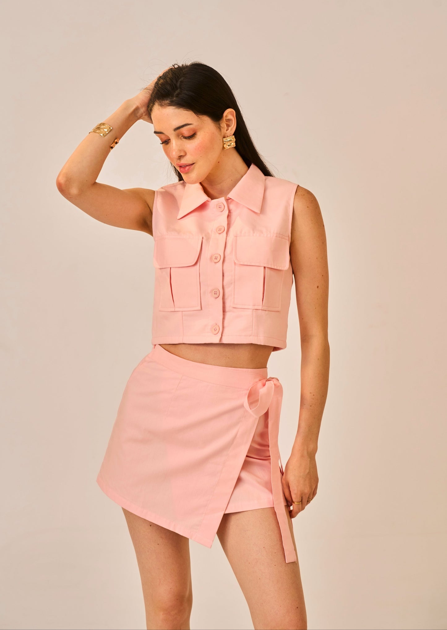 Cotton Pop – Pink Utility Crop Shirt for Women