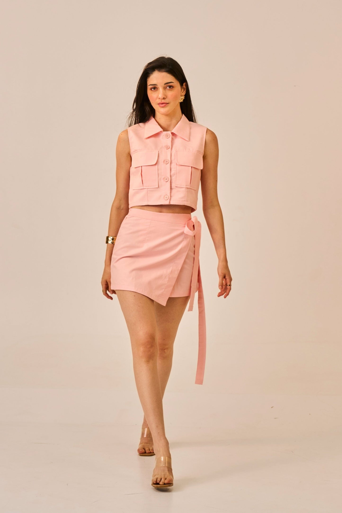 Cotton Pop – Pink Utility Crop Shirt for Women