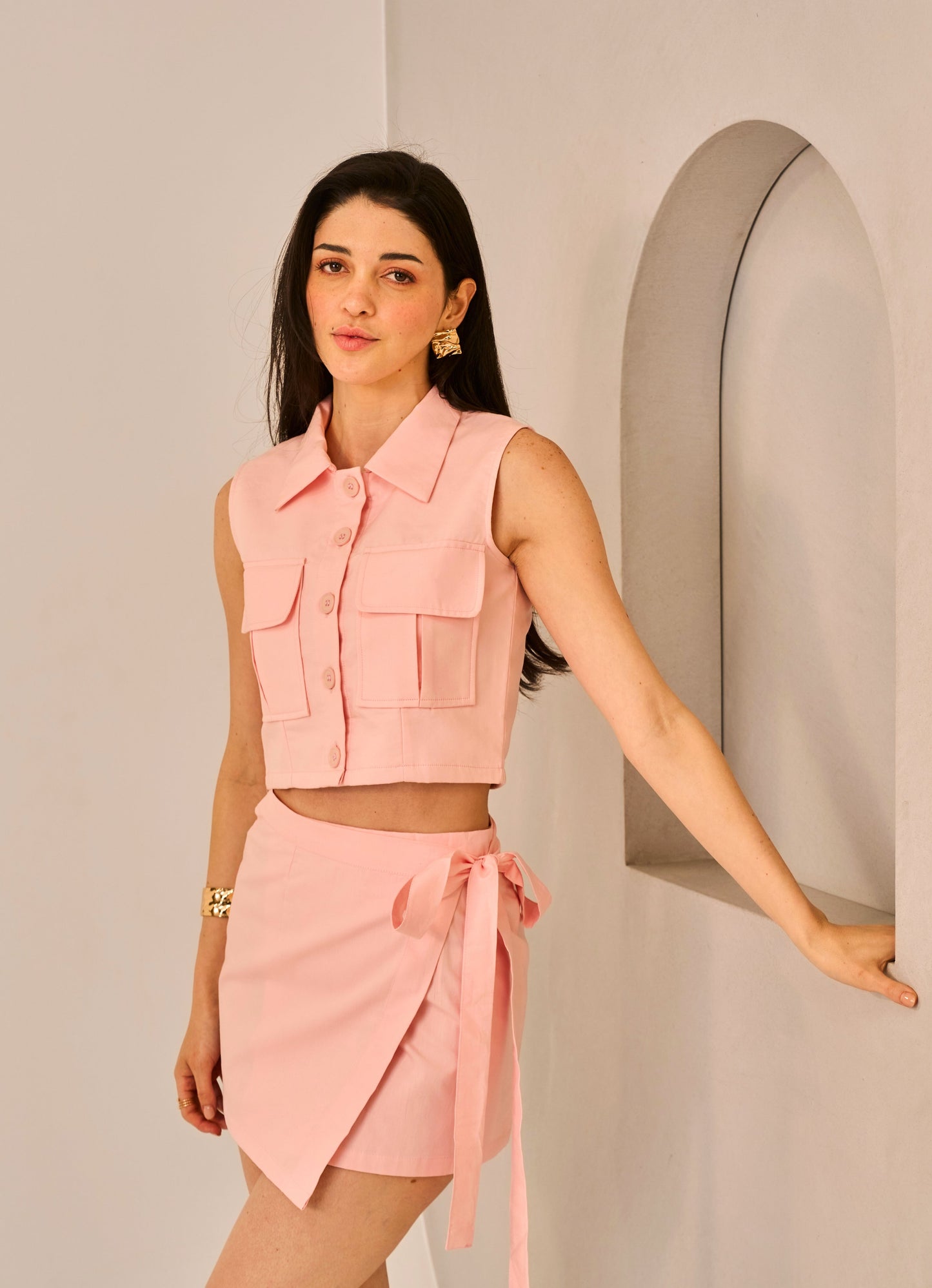 Cotton Pop – Pink Utility Crop Shirt for Women