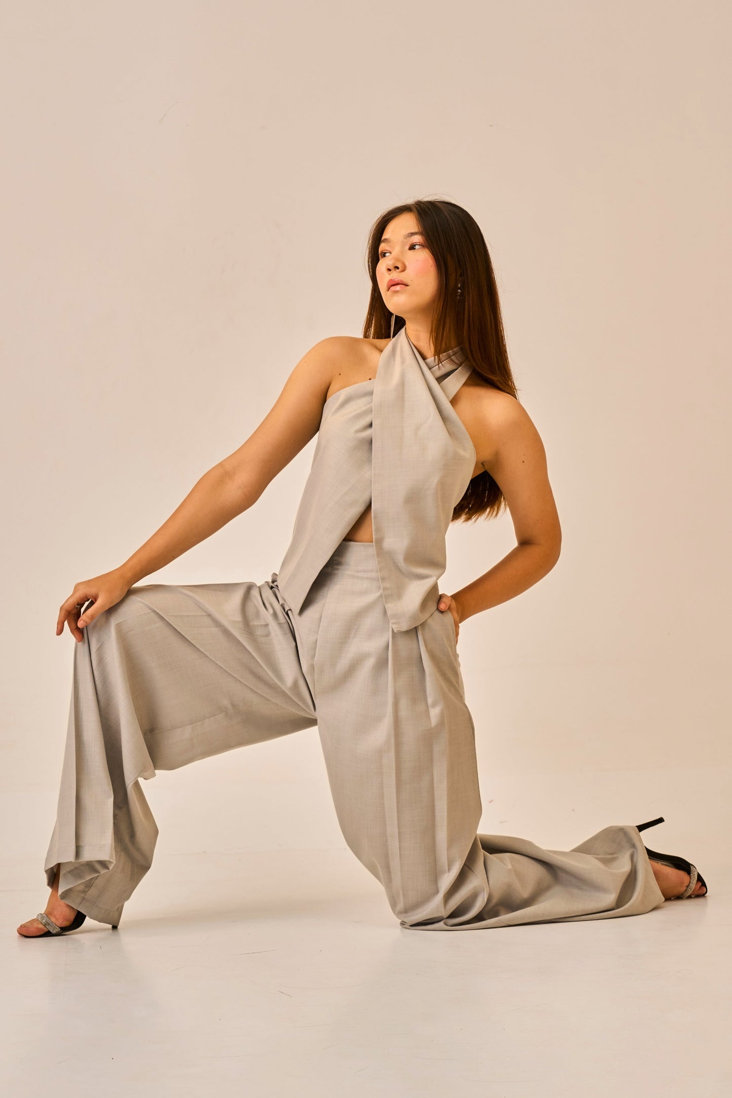 Quiet Current – Grey Halter Wrap Top with Wide-Leg Trousers Women's Coord Set