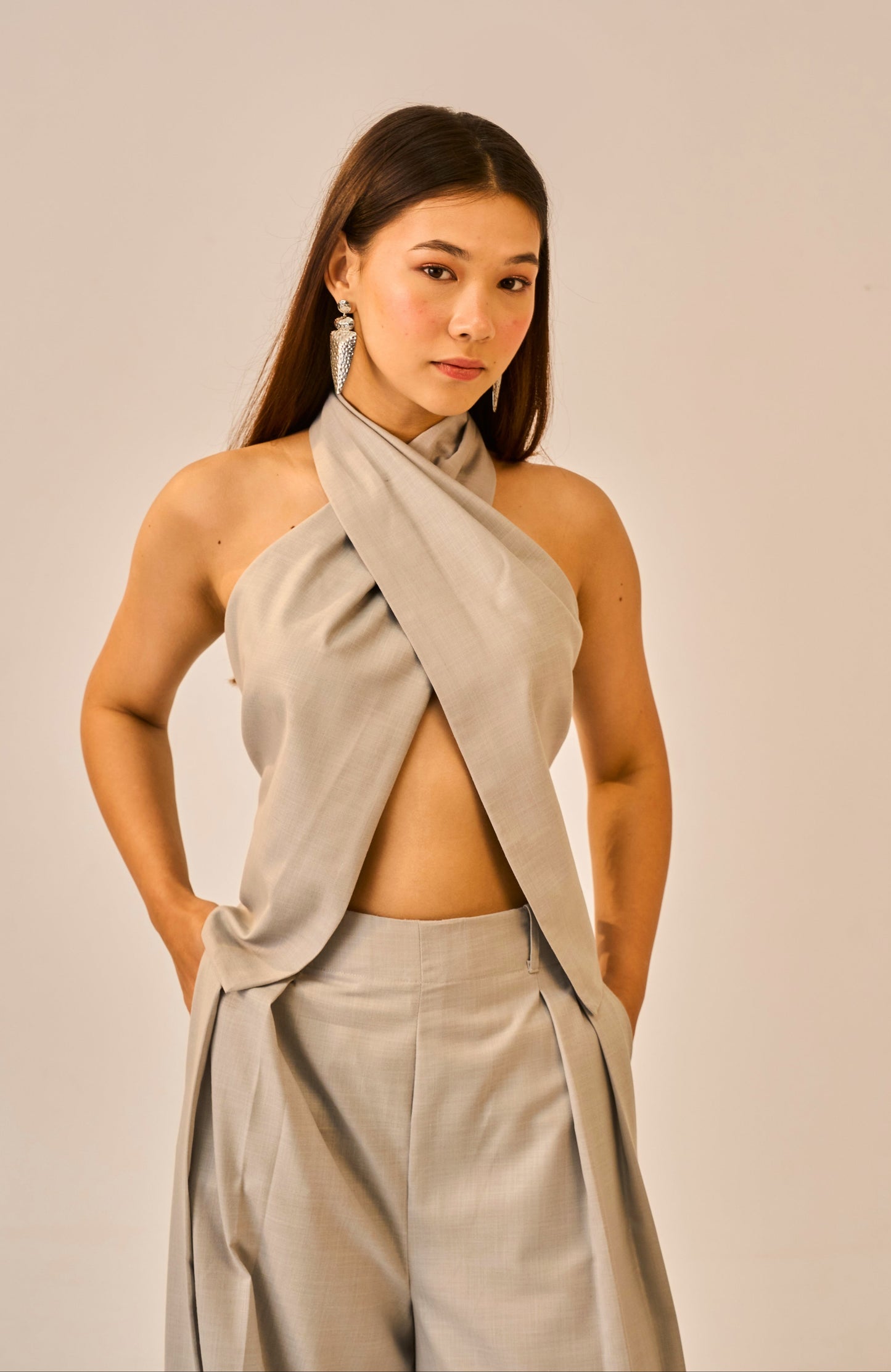 Quiet Current – Grey Halter Wrap Top for Women
