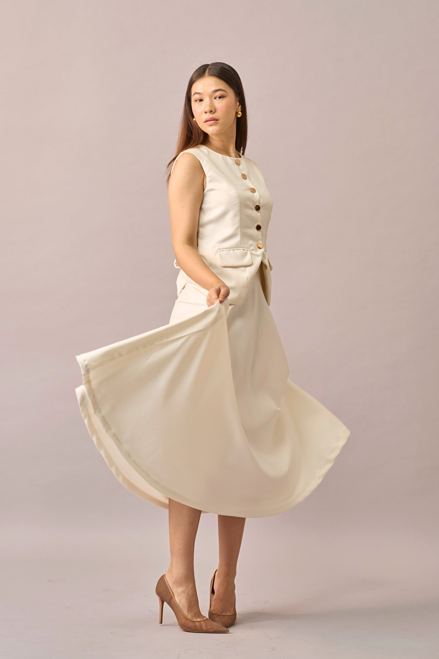 Ivory Hour - Mid-waist A-line Ivory Midi Skirt for Women