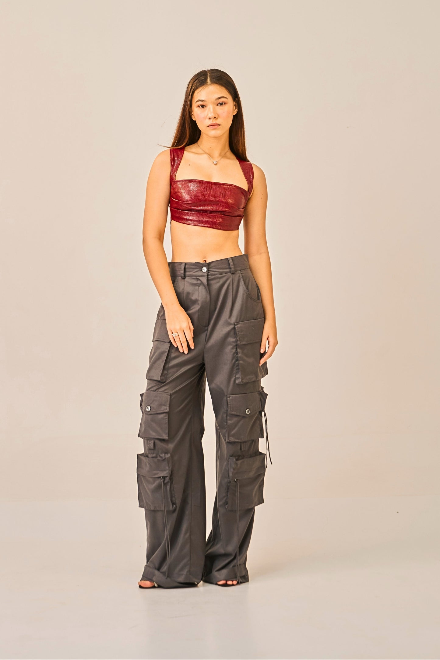 Crimson Steel - Textured Faux Leather Crop Top for Women