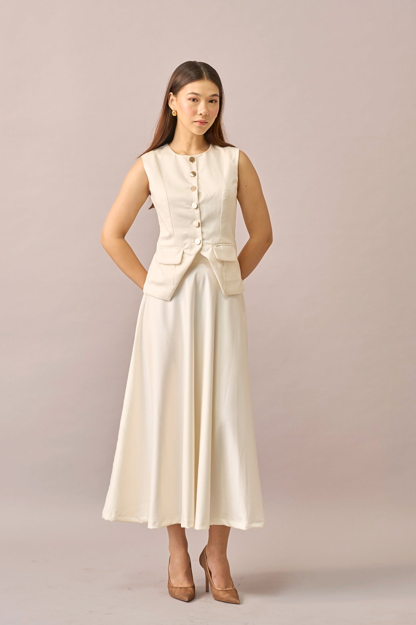 Ivory Hour - Mid-waist A-line Ivory Midi Skirt for Women