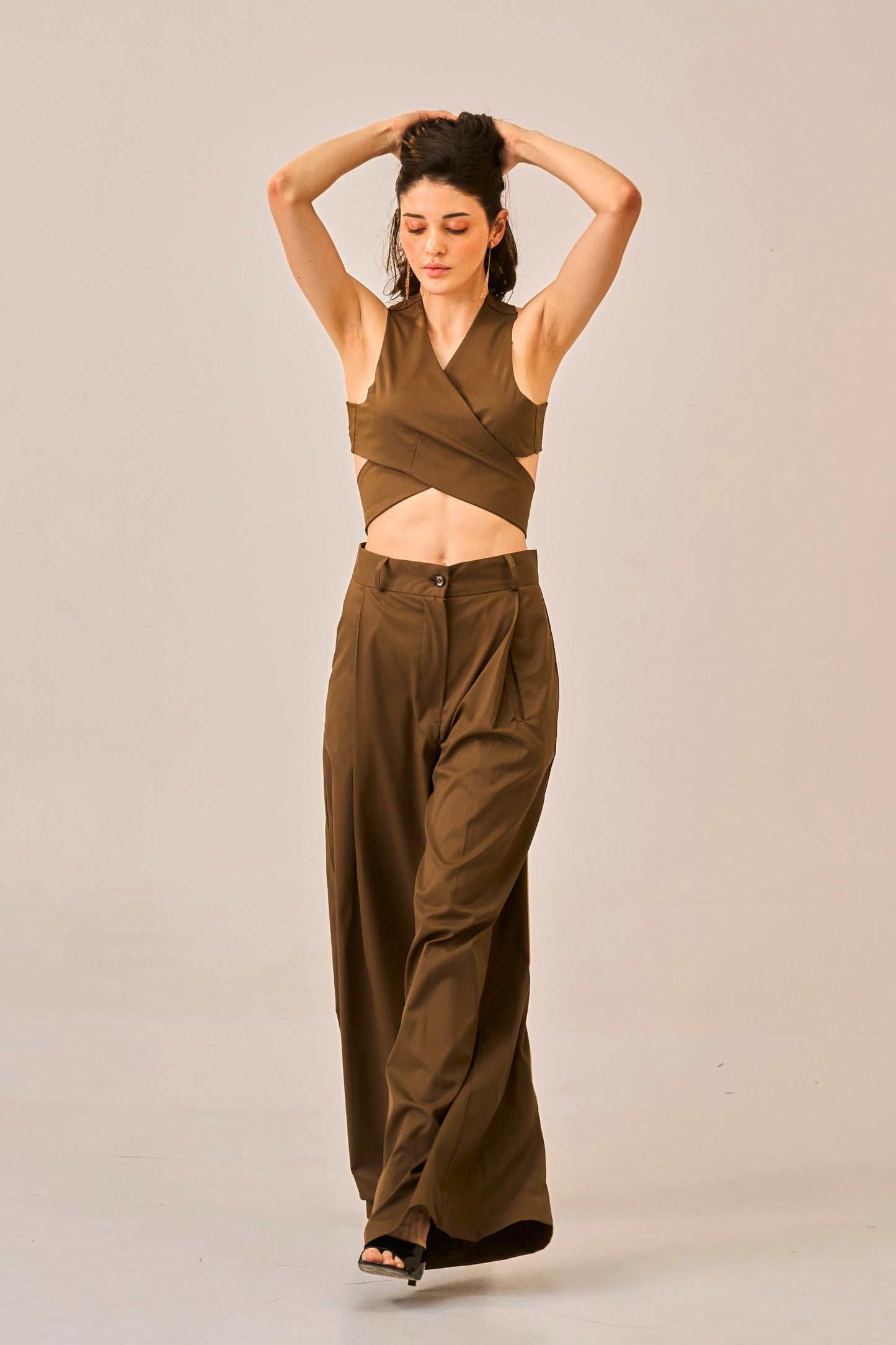 Cocoa Drape - Olive Brown Wrap Cross Crop Top for Women