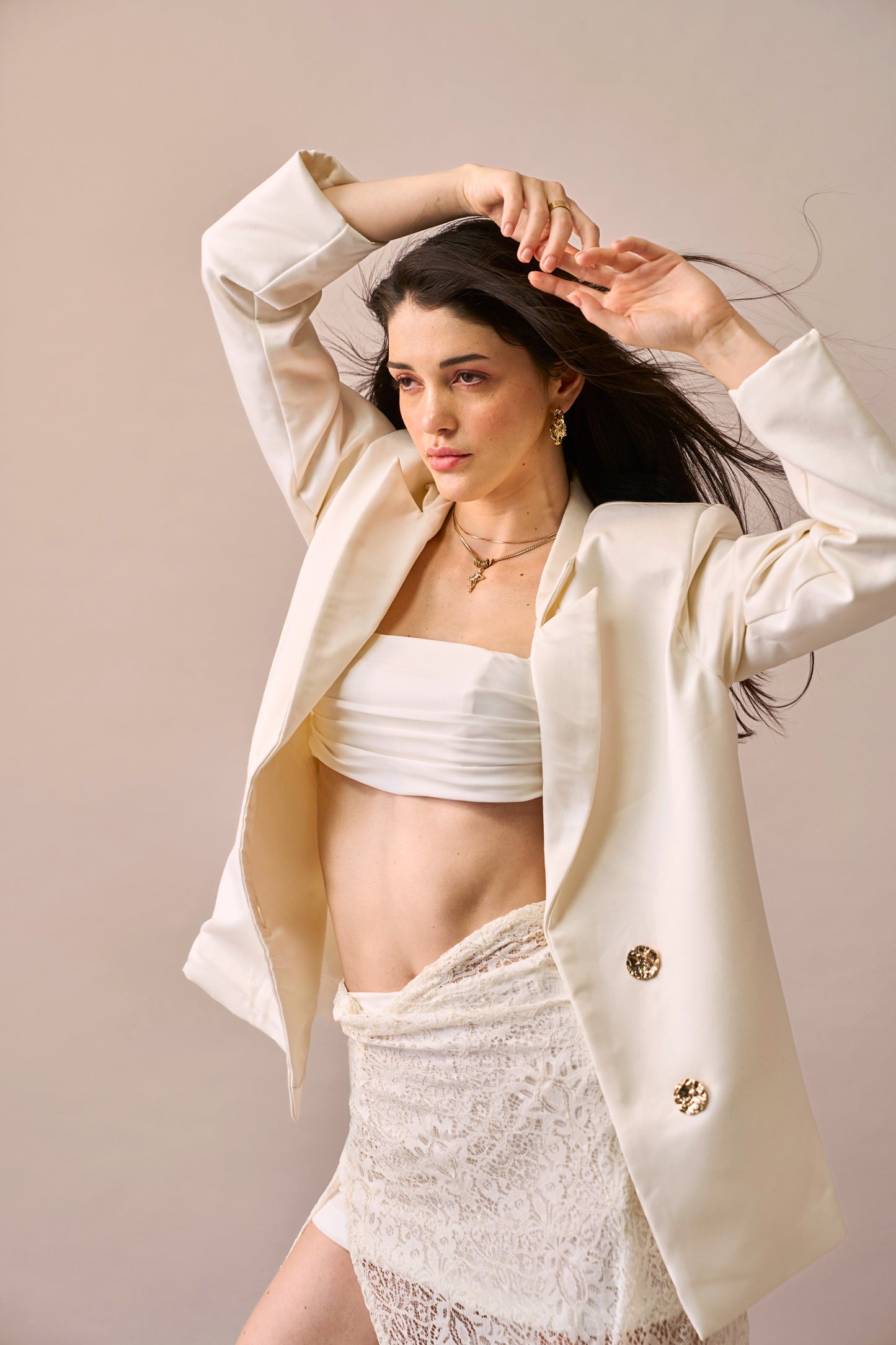 Cloud Drape - Ivory Oversized Jacket with Bralette & Lace Maxi Skirt 3-piece Set