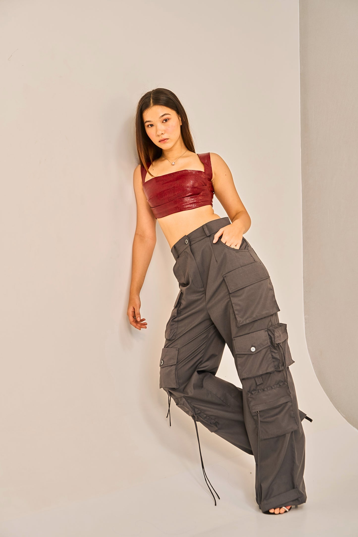 Crimson Steel - Textured Faux Leather Crop Top for Women