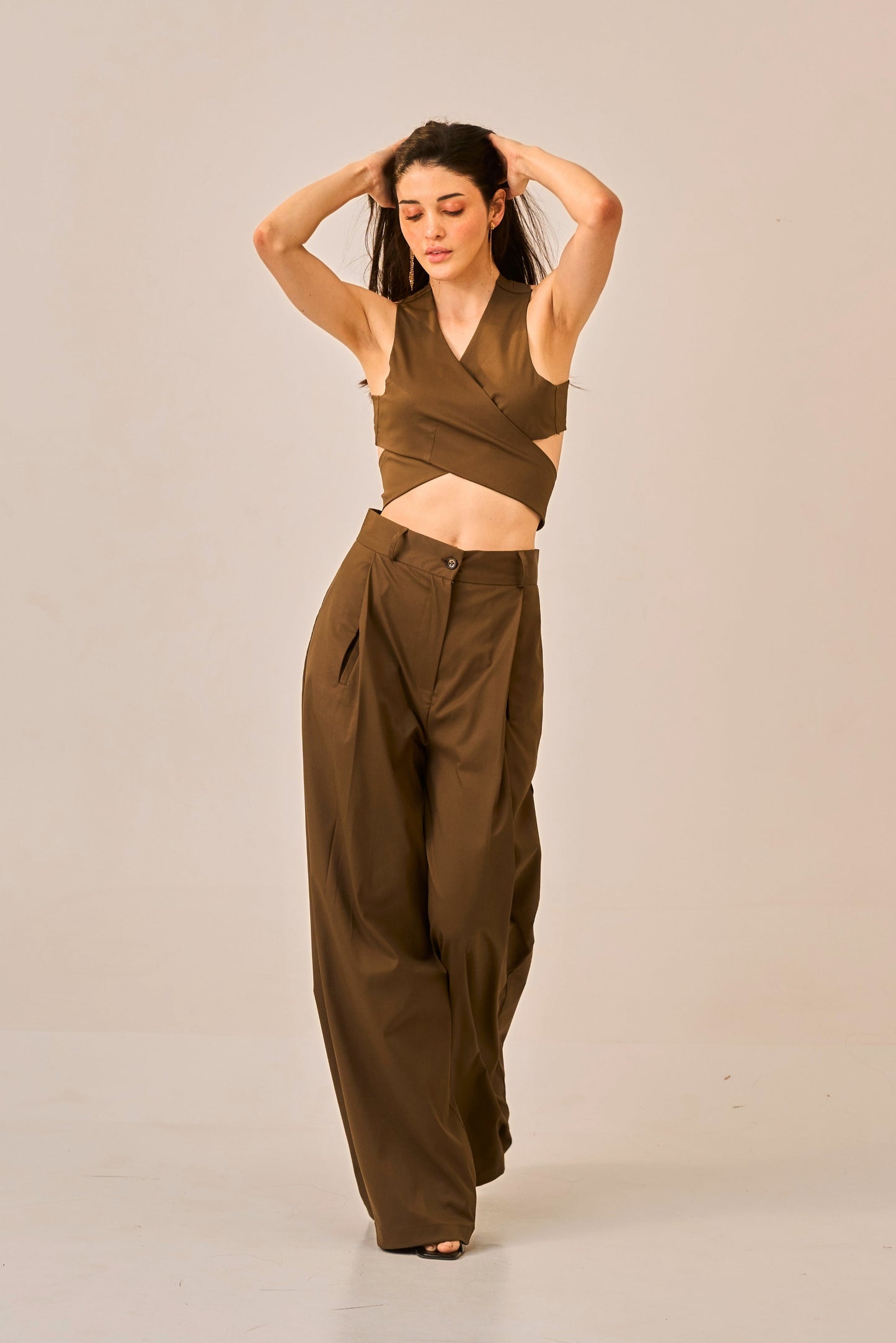 Cocoa Drape - Olive Brown Wrap Cross Crop Top for Women