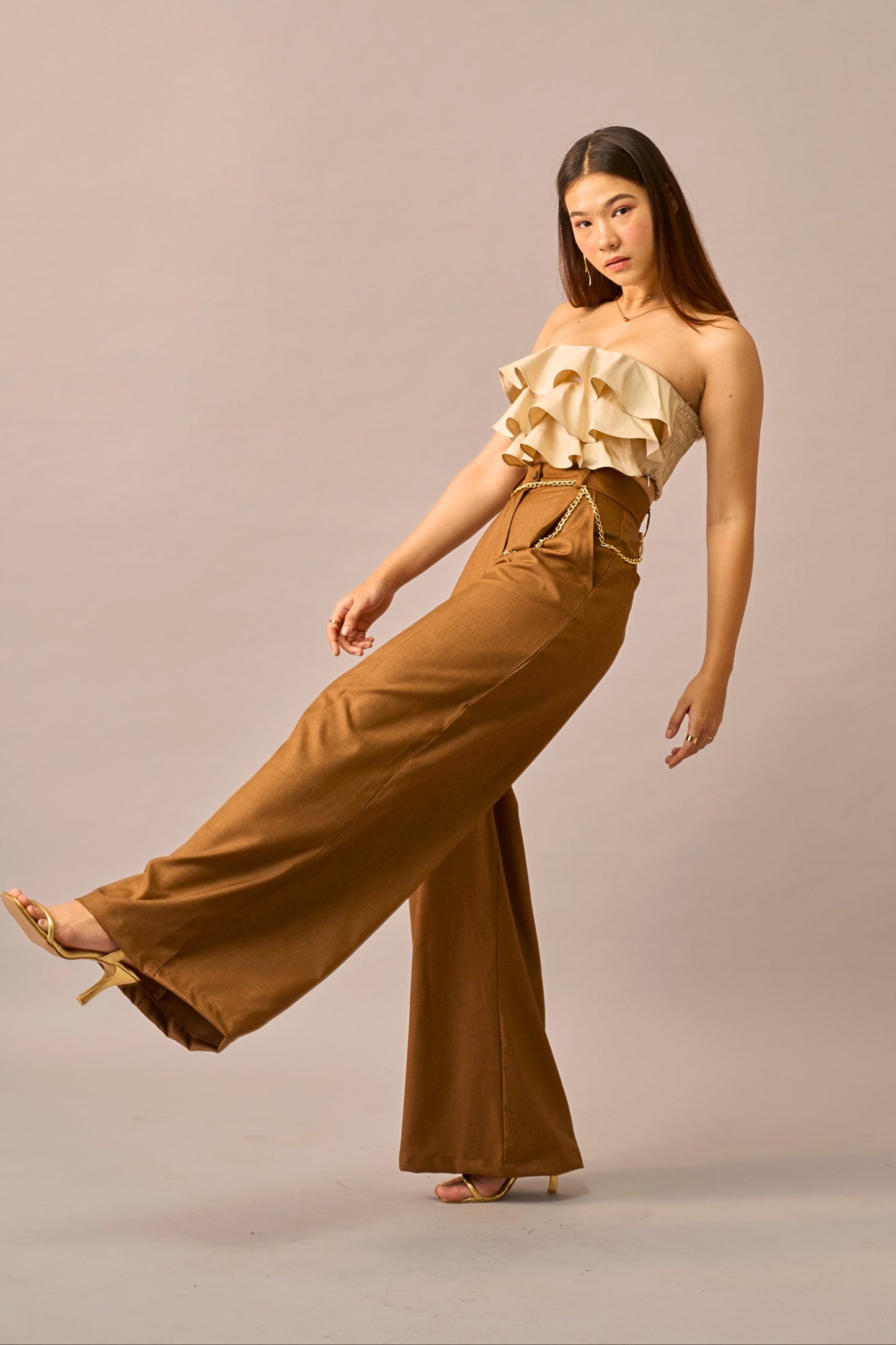 Caramel Pop – Ruffled Bandeau Crop Top & High Waist Trousers Coord set for Women