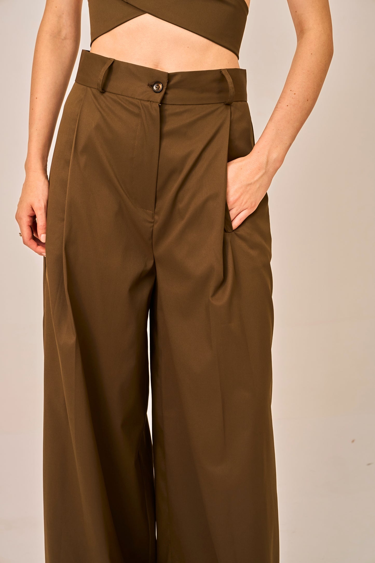 Cocoa Drape - Olive Brown Wrap Cross Crop Top for Women