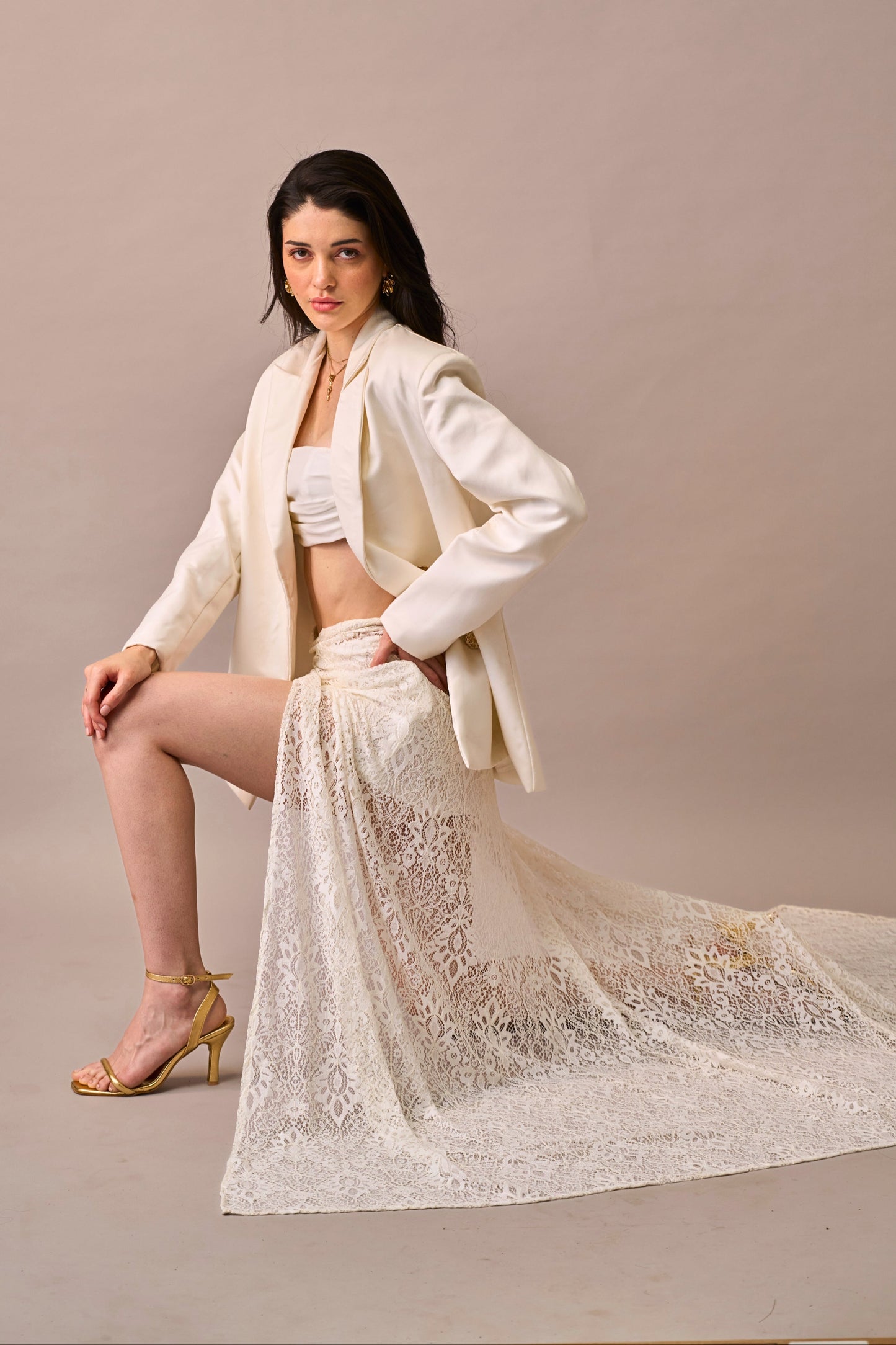 Cloud Drape - Ivory Oversized Jacket with Bralette & Lace Maxi Skirt 3-piece Set