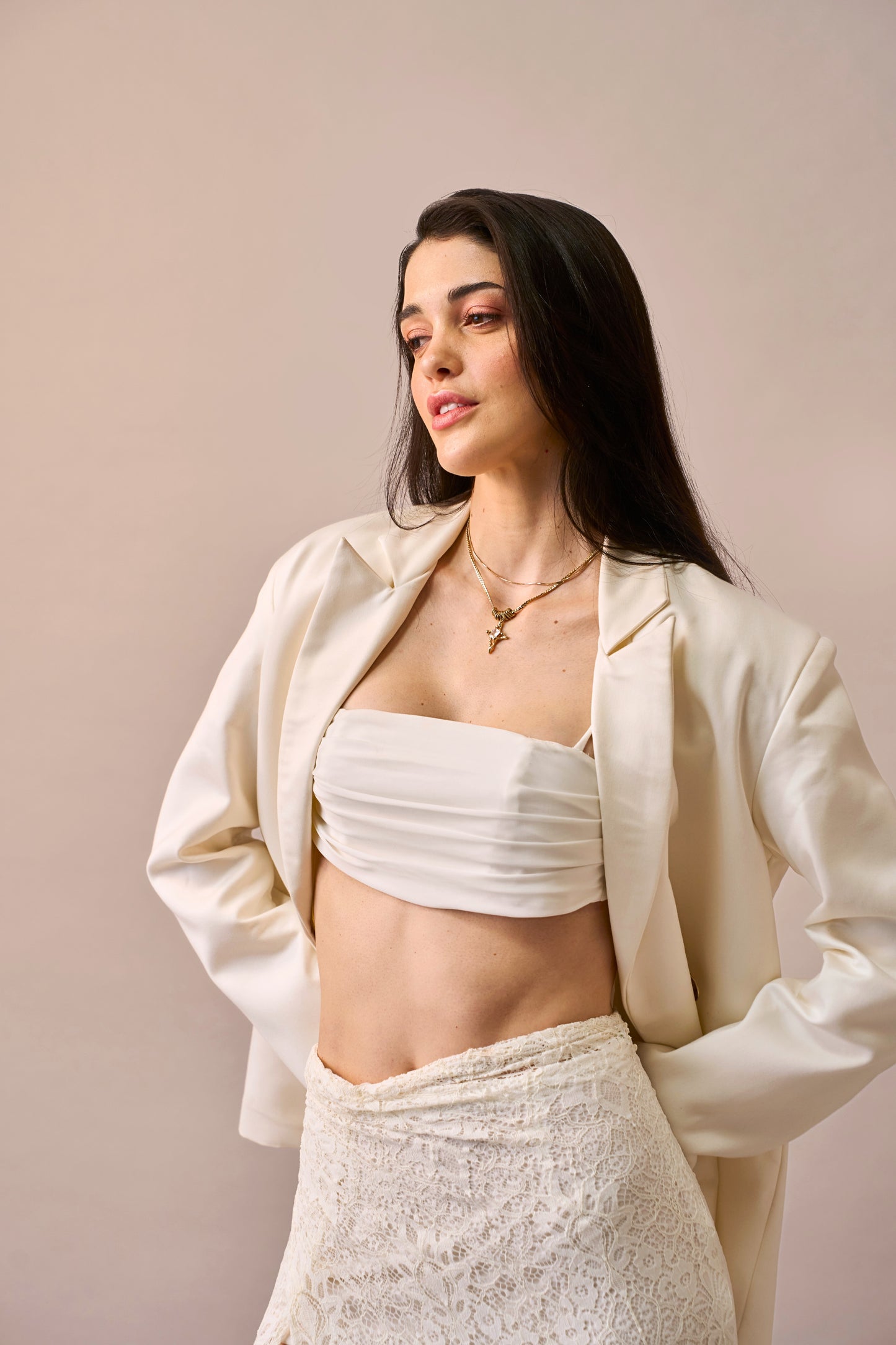 Cloud Drape - Ivory Oversized Jacket with Bralette & Lace Maxi Skirt 3-piece Set