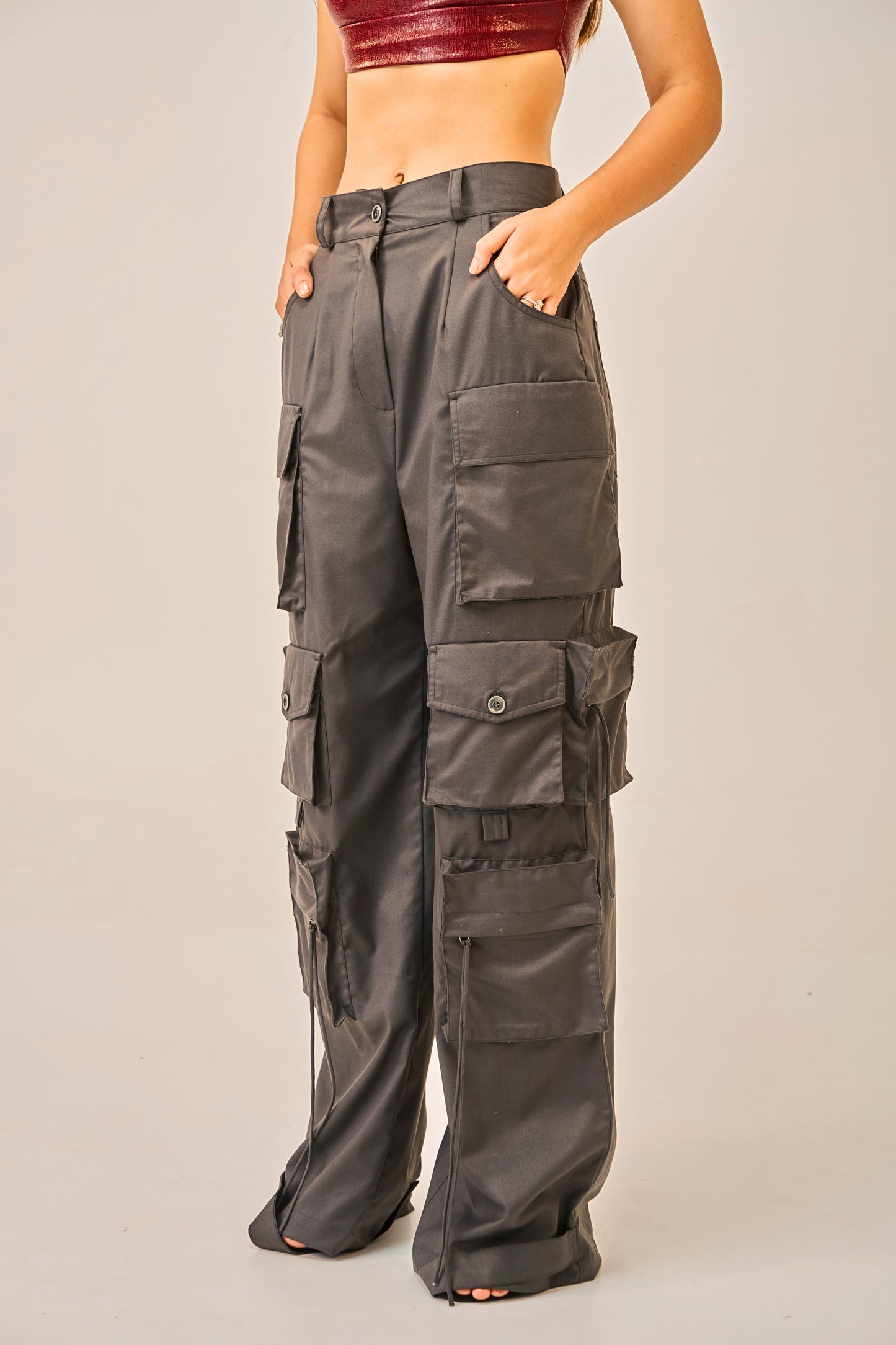 Crimson Steel - Textured Faux Leather Crop Top and Multi-pocket Cargos for Women