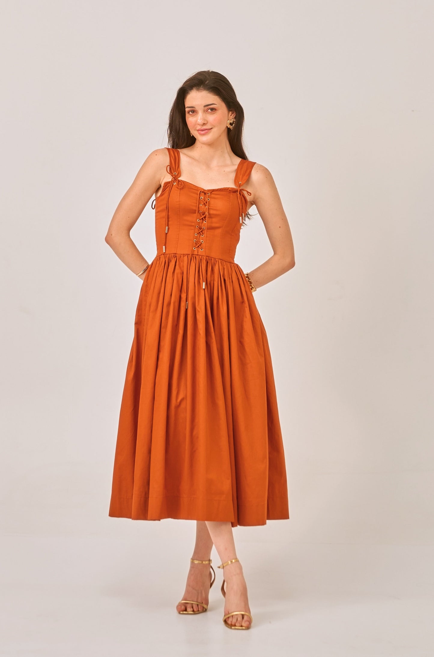 Burnt Honey Dress - Rust Orange Corset Style Midi Dress