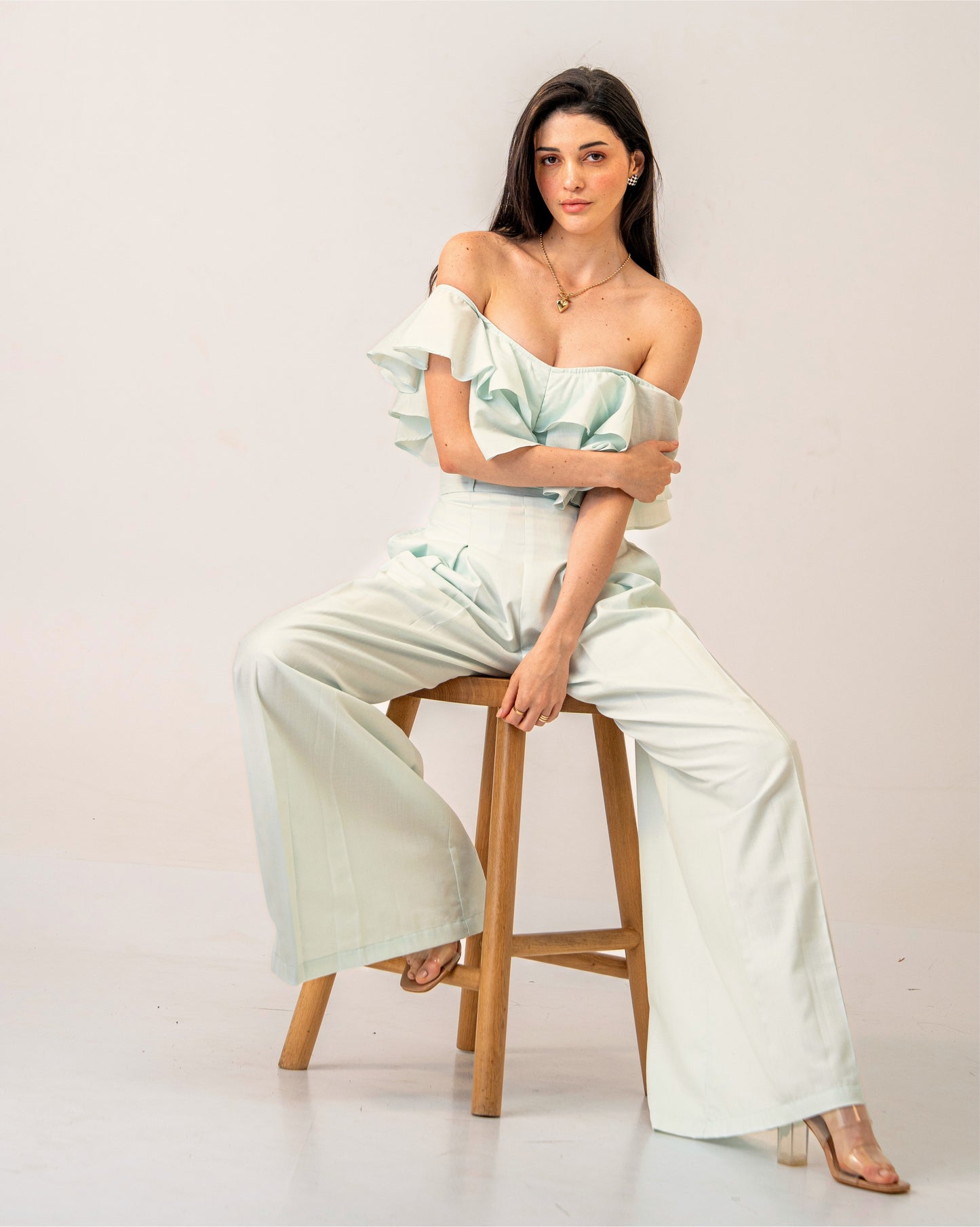 Mint Mirage set – Off-Shoulder Pastel Green Ruffle top & High-waist trousers Co-ord Set