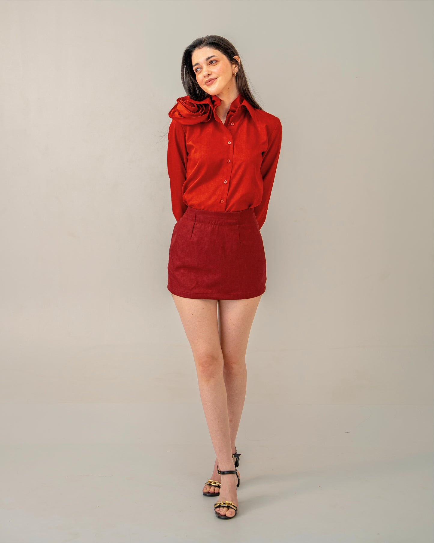 Love Affair Button Down - Sculpted 3D Handcrafted Rose Full-length Shirt for Women