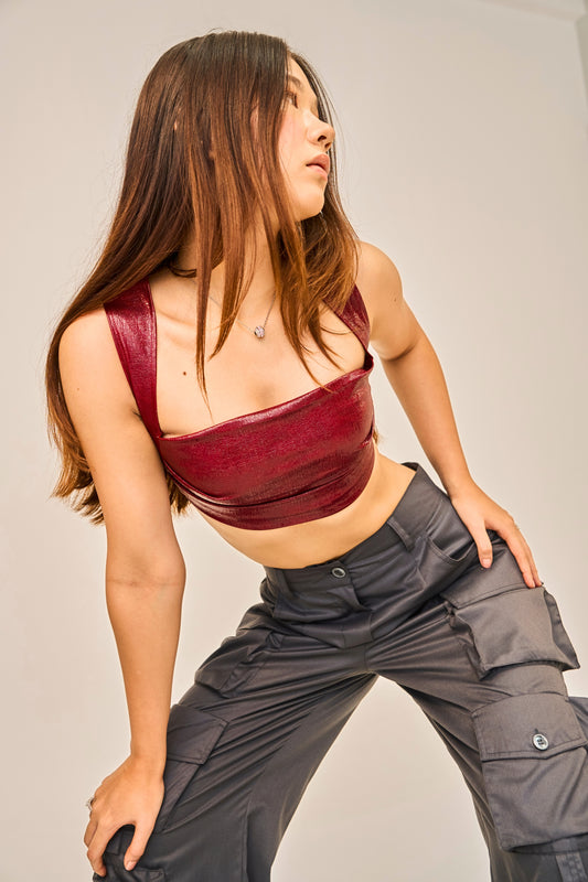 Crimson Steel -  Textured Faux Leather Crop Top for Women