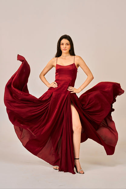 Dusk Rose Slit Gown for Women – Spaghetti Strap Maxi Dress