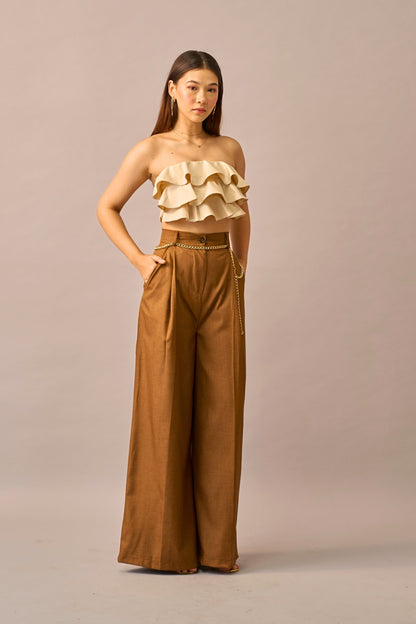 Caramel Pop – Ruffled Bandeau Crop Top & High Waist Trousers Coord set for Women