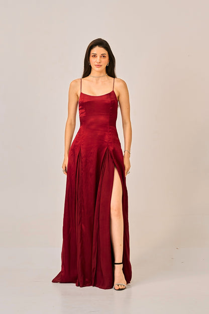 Dusk Rose Slit Gown for Women – Spaghetti Strap Maxi Dress