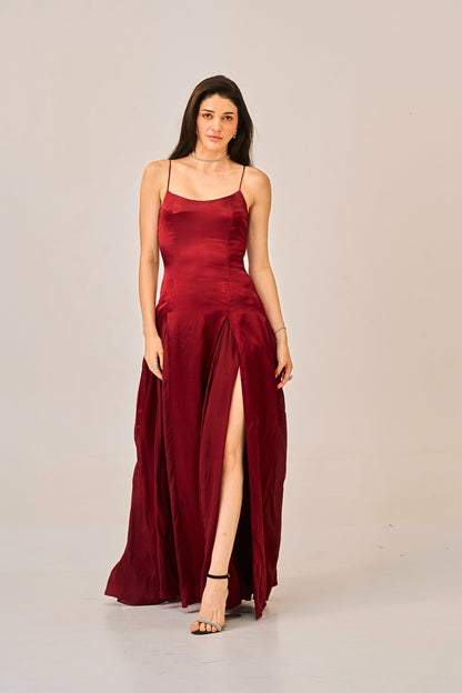 Dusk Rose Slit Gown for Women – Spaghetti Strap Maxi Dress