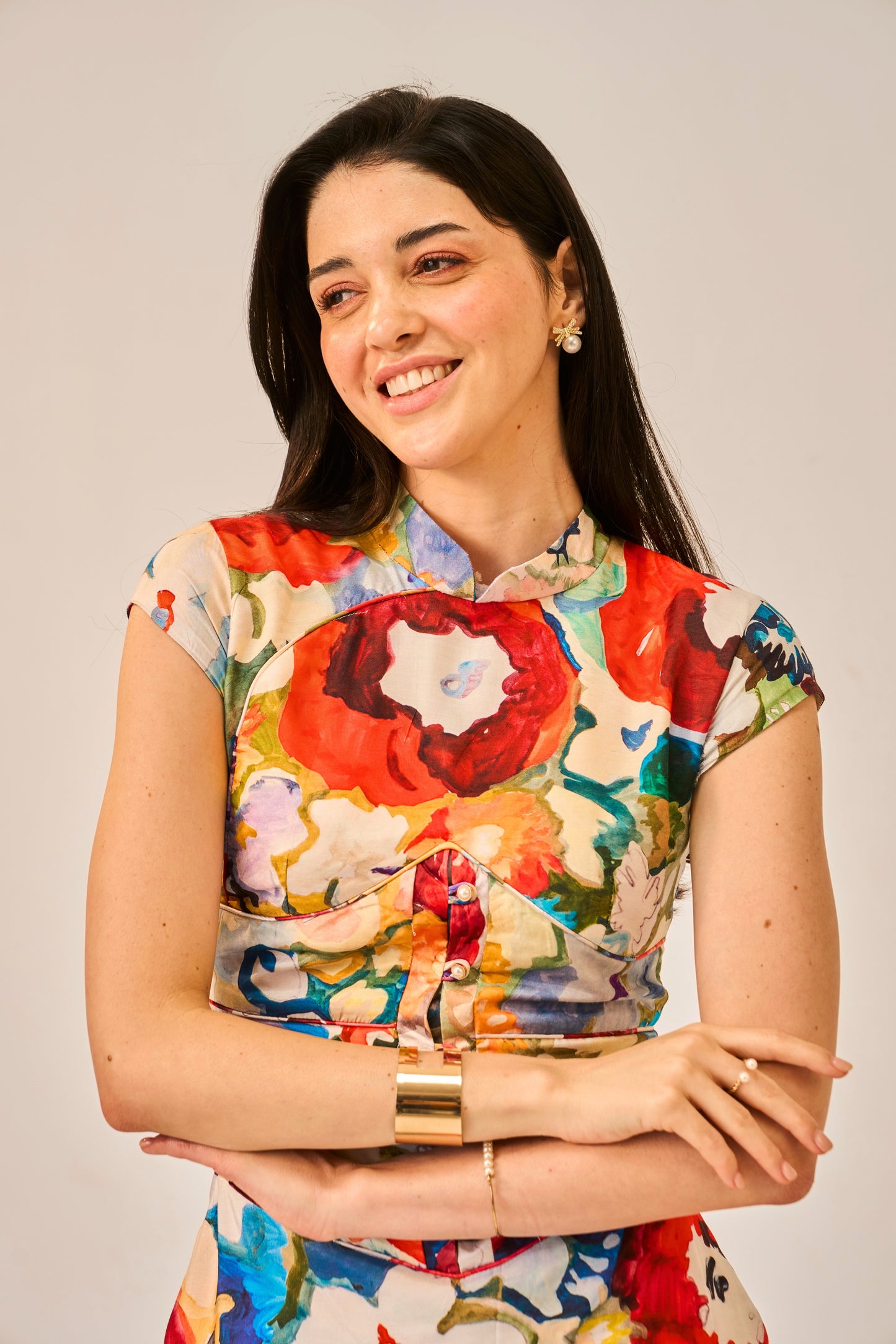 Brushstroke Garden Bodycon Floral Viscose Muslin Women Dress