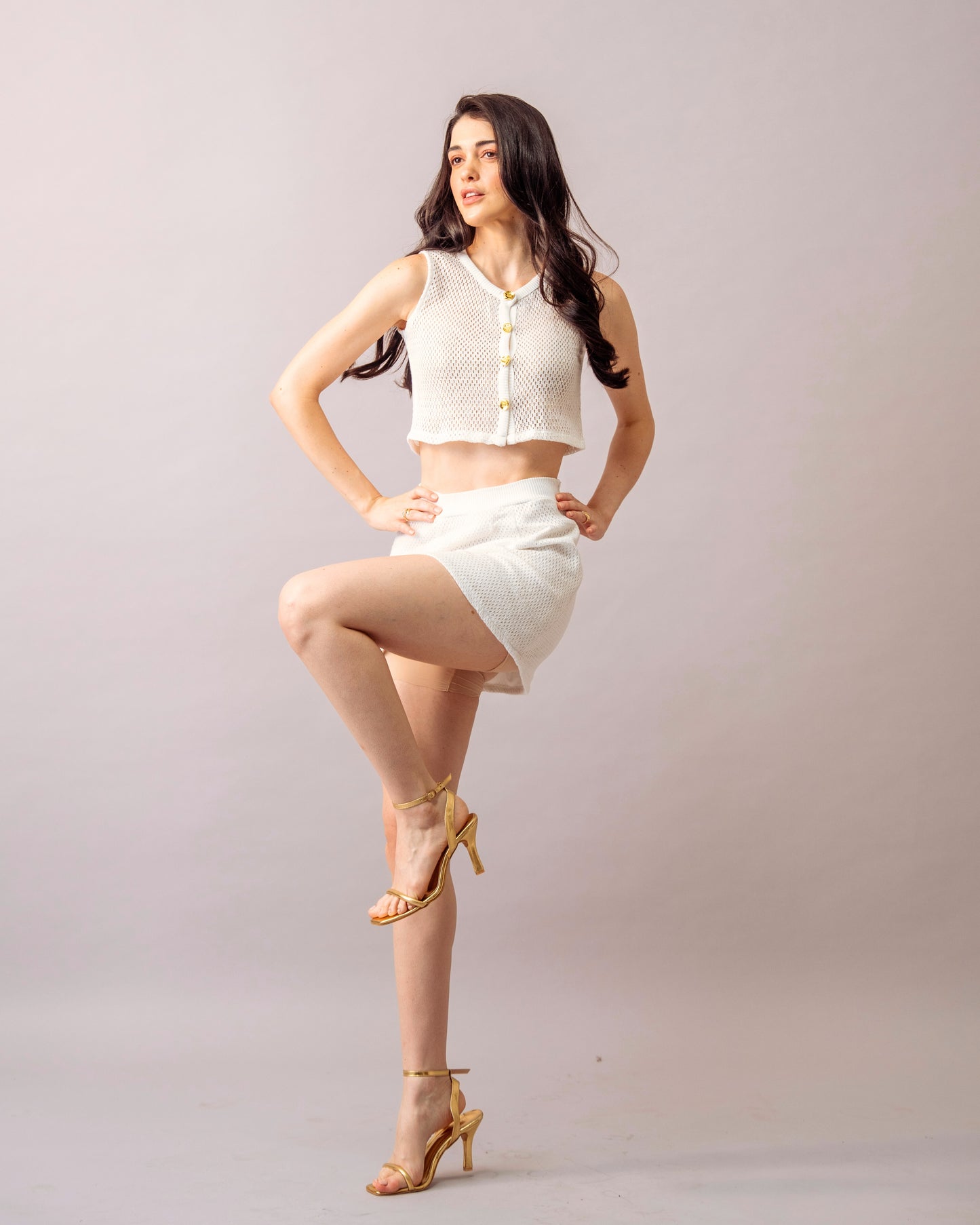 Soft Mesh Co-ord set – White Crochet Knit with inner & Mini Skirt Set for Women