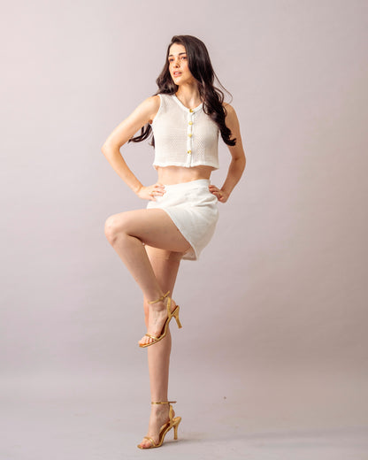 Soft Mesh Co-ord set – White Crochet Knit with inner & Mini Skirt Set for Women