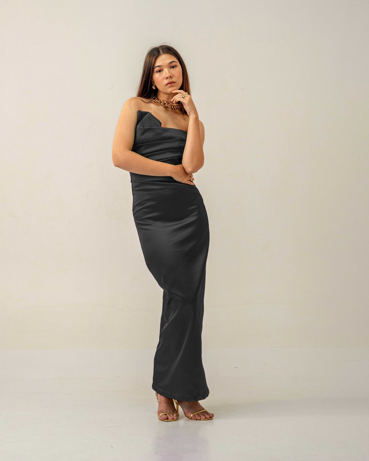 Black Hour Dress – Sculpted Emerald Black Satin Gown for Women