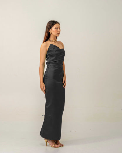 Black Hour Dress – Sculpted Emerald Black Satin Gown for Women