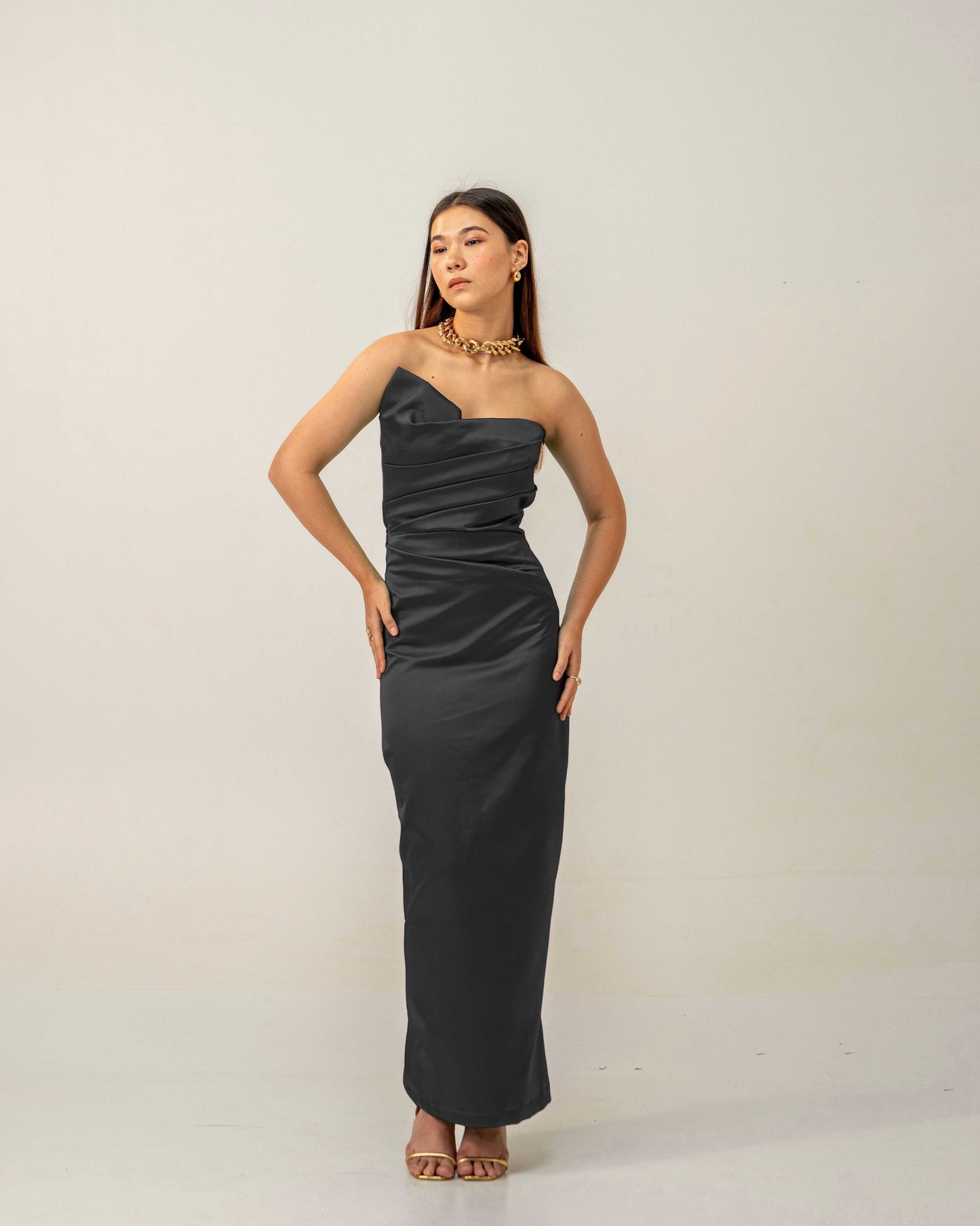Black Hour Dress – Sculpted Emerald Black Satin Gown for Women