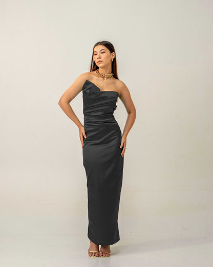 Black Hour Dress – Sculpted Emerald Black Satin Gown for Women