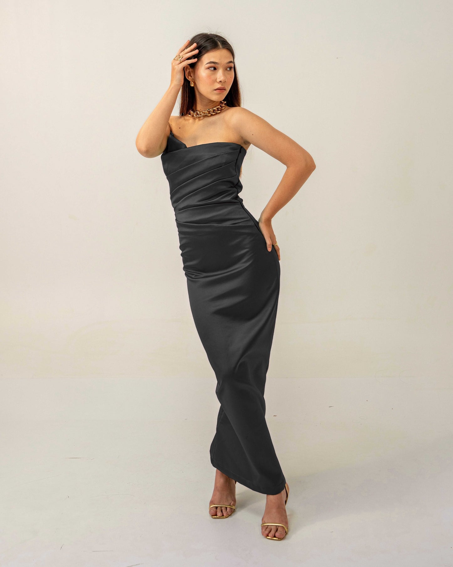 Black Hour Dress – Sculpted Emerald Black Satin Gown for Women