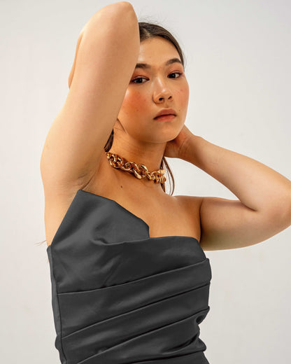 Black Hour Dress – Sculpted Emerald Black Satin Gown for Women