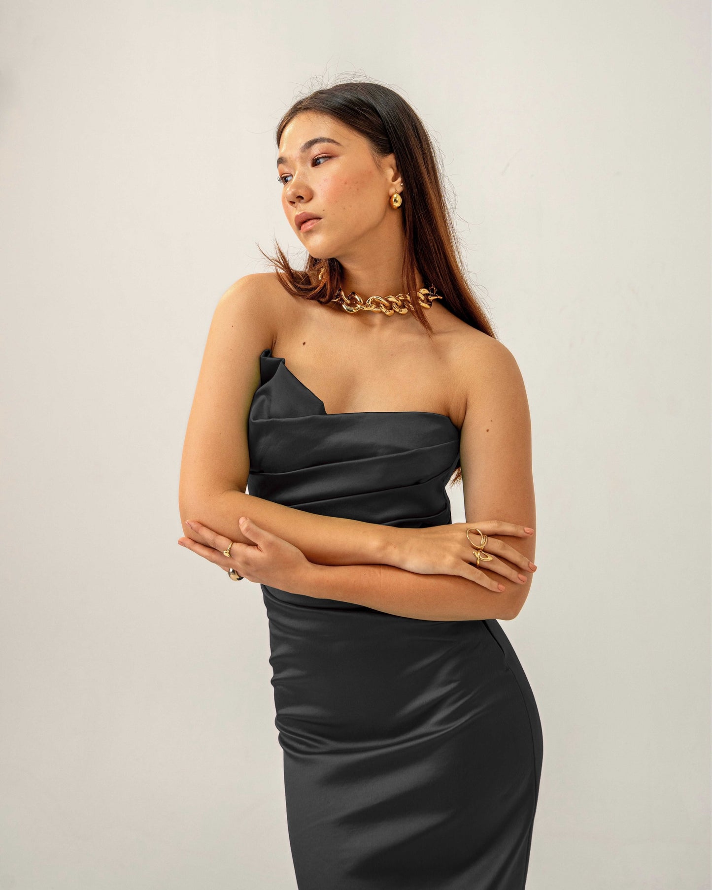 Black Hour Dress – Sculpted Emerald Black Satin Gown for Women