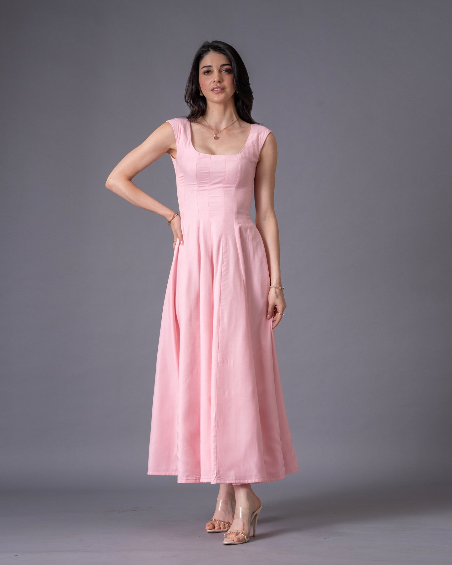 Blush Pink Panelled Midi Dress