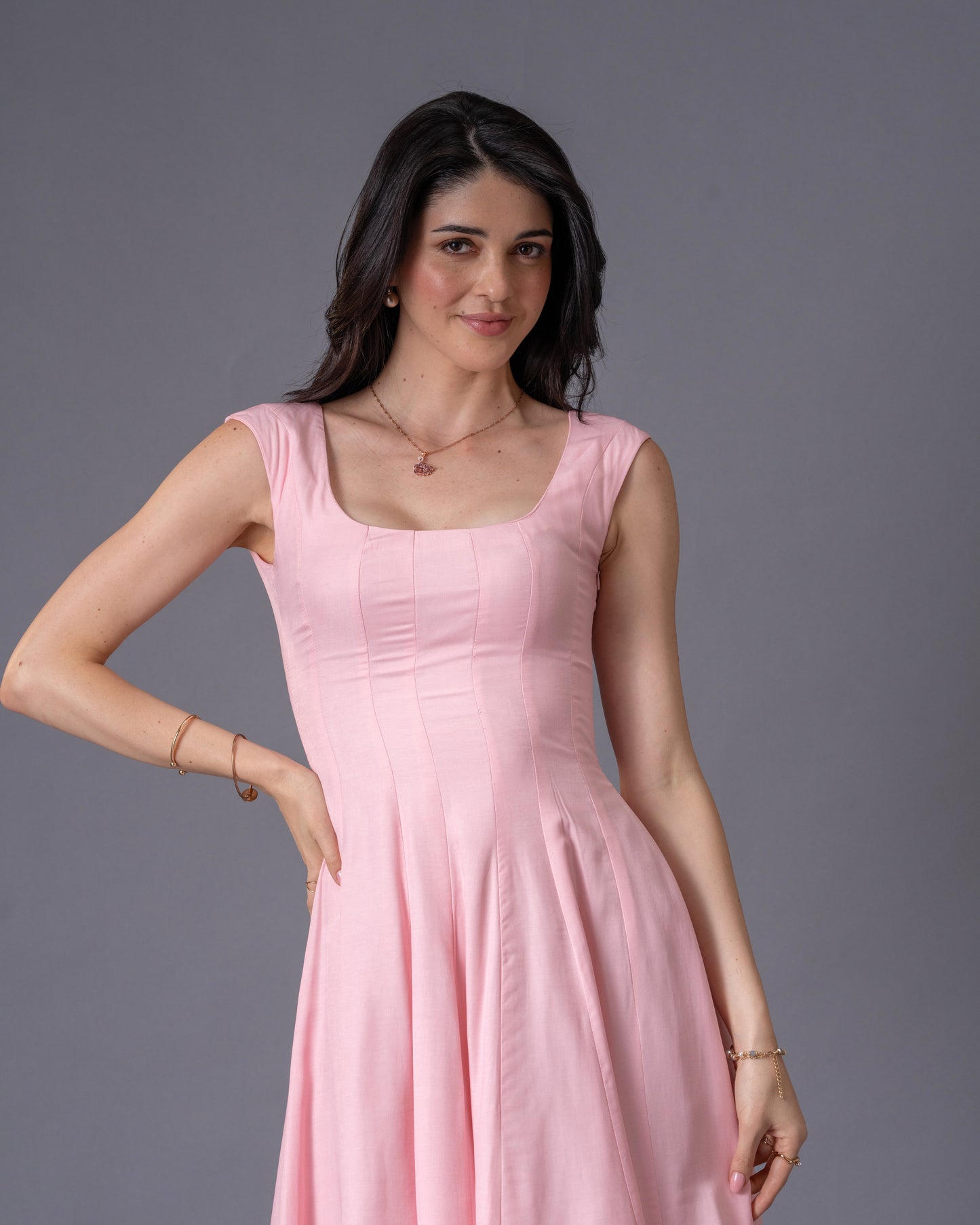 Blush Pink Panelled Midi Dress
