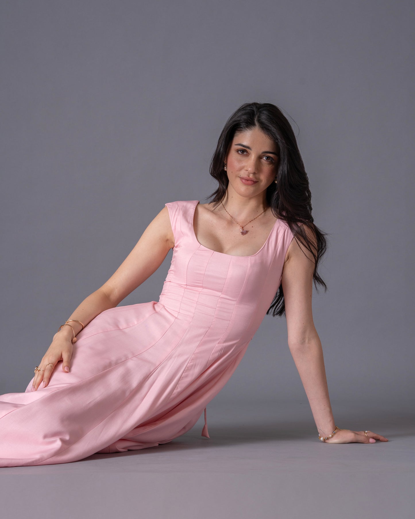 Blush Pink Panelled Midi Dress