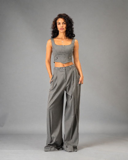 Silver State Grey 2-piece  Co-Ord Set - Corset Top and Wide Leg Trousers