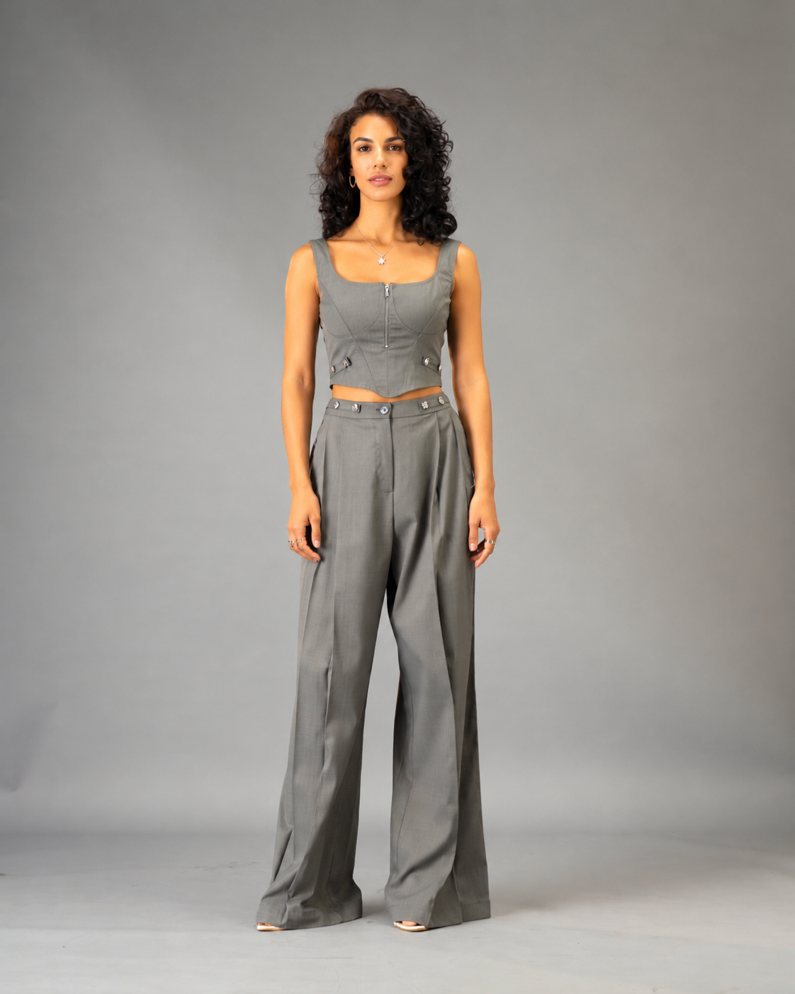 Silver State Grey 2-piece  Co-Ord Set - Corset Top and Wide Leg Trousers