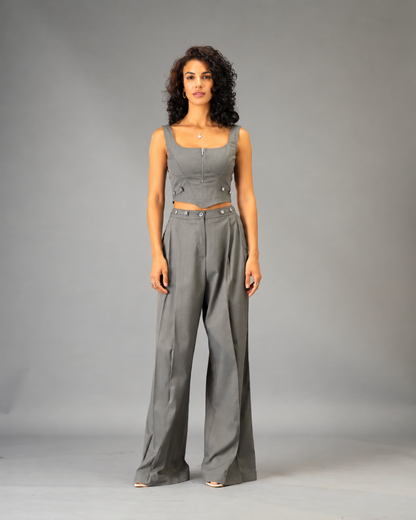 Silver State Grey 2-piece  Co-Ord Set - Corset Top and Wide Leg Trousers