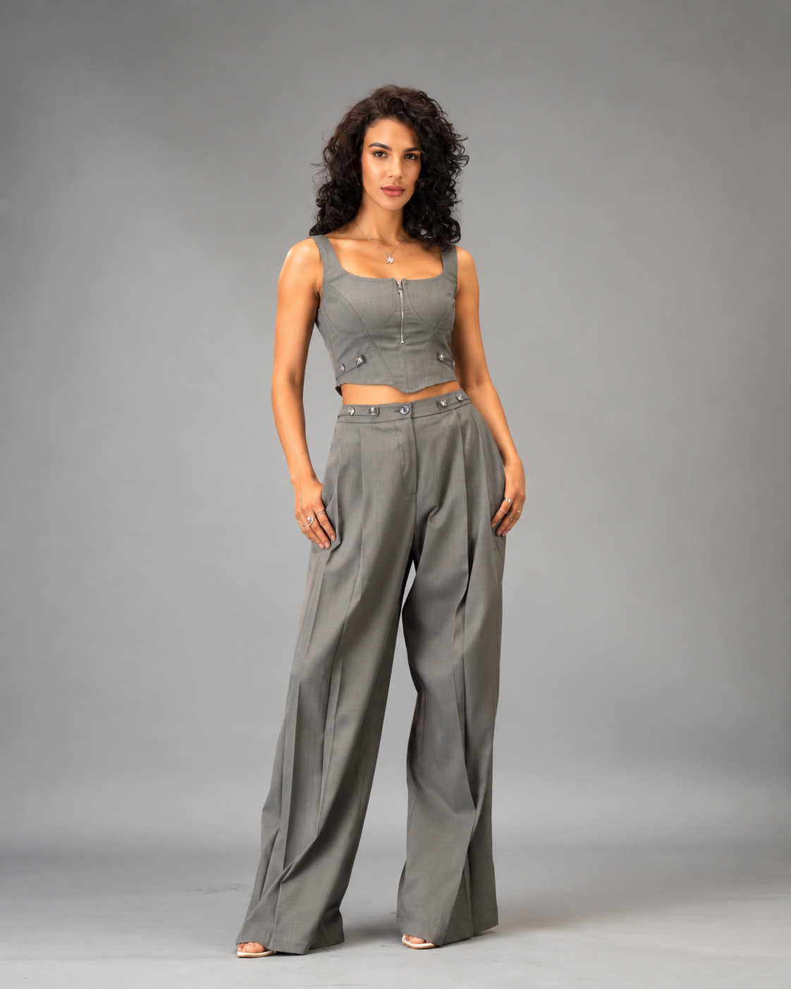 Silver State Grey 2-piece  Co-Ord Set - Corset Top and Wide Leg Trousers