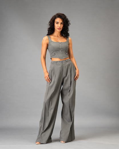 Silver State Grey 2-piece  Co-Ord Set - Corset Top and Wide Leg Trousers