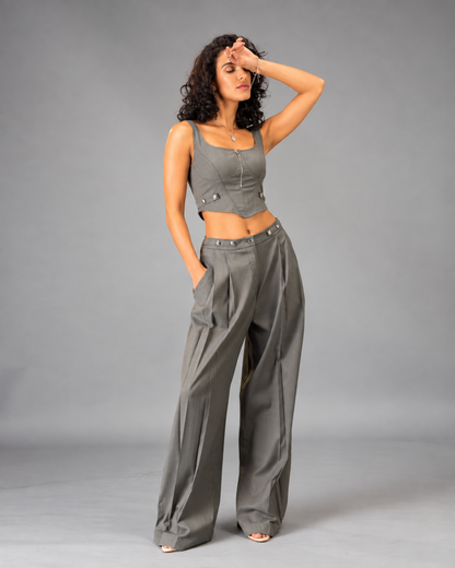 Silver State Grey 2-piece  Co-Ord Set - Corset Top and Wide Leg Trousers