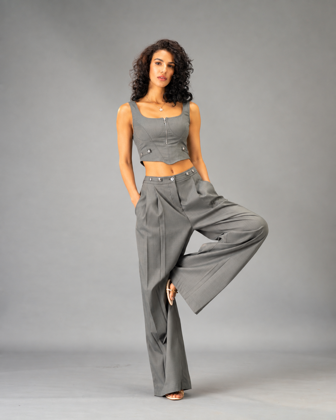 Silver State Grey 2-piece  Co-Ord Set - Corset Top and Wide Leg Trousers