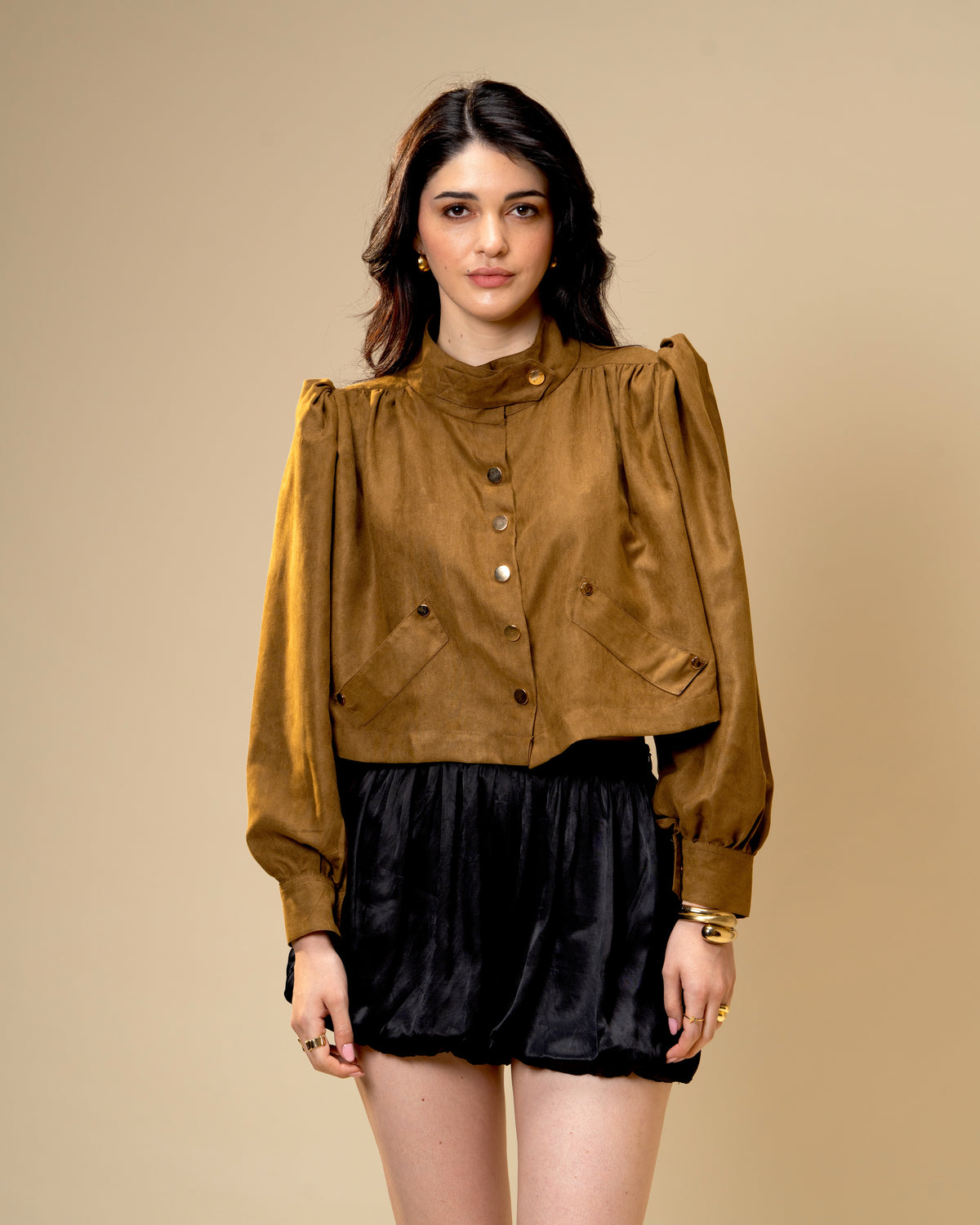 Hazel Stone Black Medium-Waisted Bubble Shorts with Voluminous Silhouette