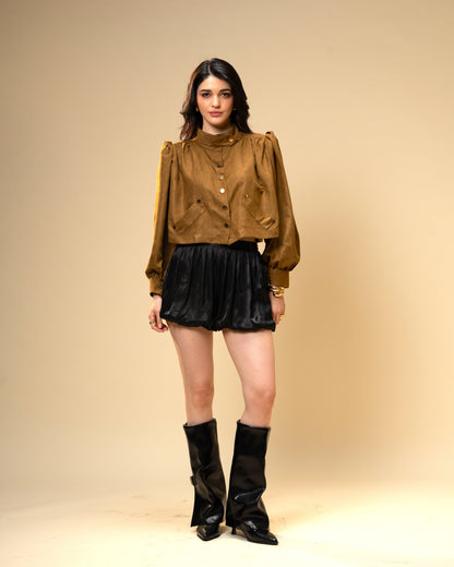 Hazel Stone Black Medium-Waisted Bubble Shorts with Voluminous Silhouette