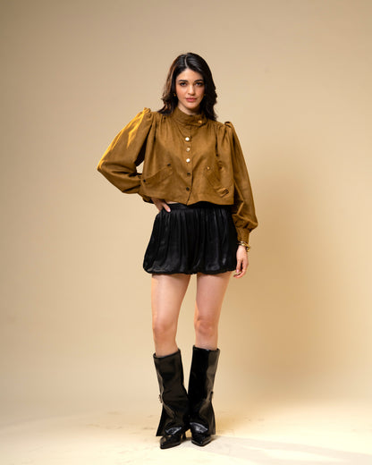 Hazel Stone Black Medium-Waisted Bubble Shorts with Voluminous Silhouette