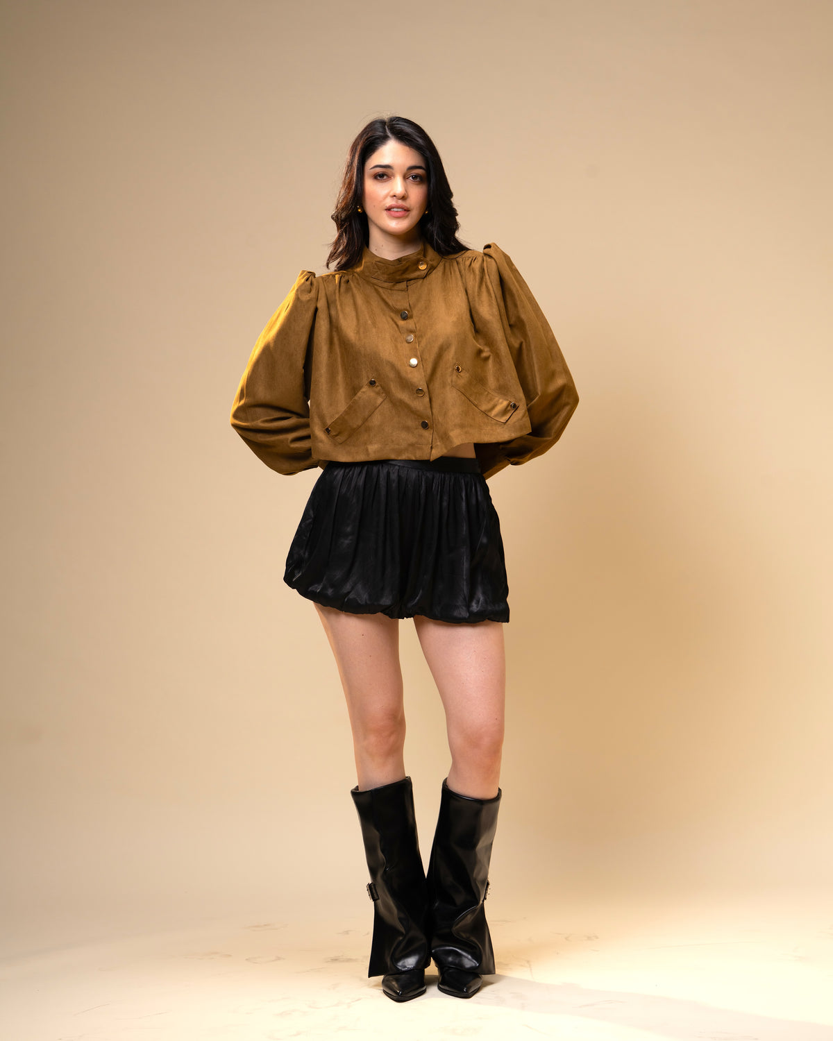 Hazel Stone Black Medium-Waisted Bubble Shorts with Voluminous Silhouette